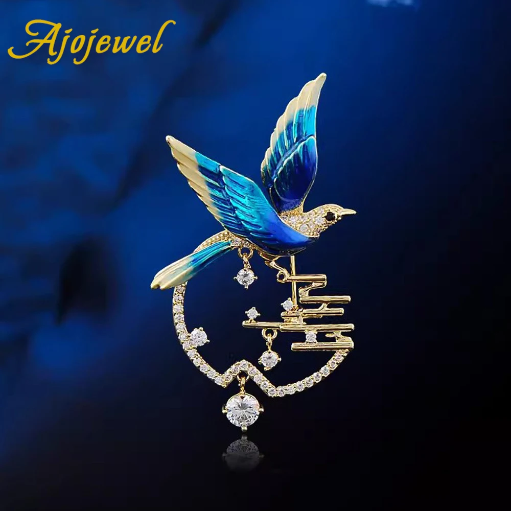 Ajojewel синяя эмаль брошь в виде сороки стразы китайские традиционные украшения