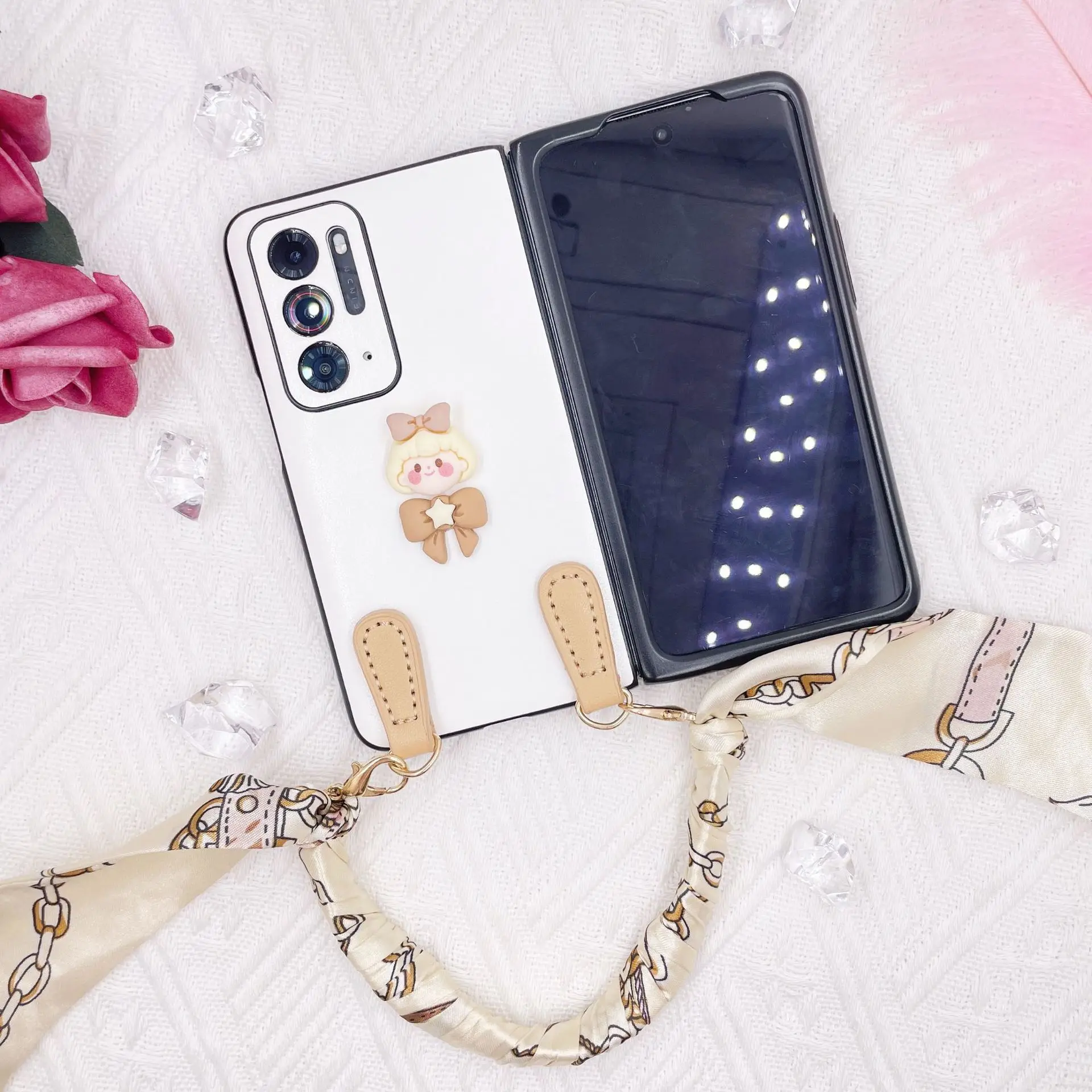 

Складной чехол-книжка для Oppo Find N, складной кожаный защитный чехол для экрана с узором, женский шарф, браслет, ремешок