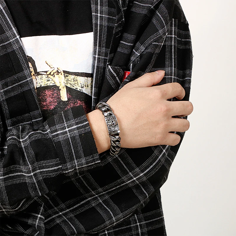 Тяжелый браслет 15 мм в стиле ретро панк с черным черепом мужской модный из