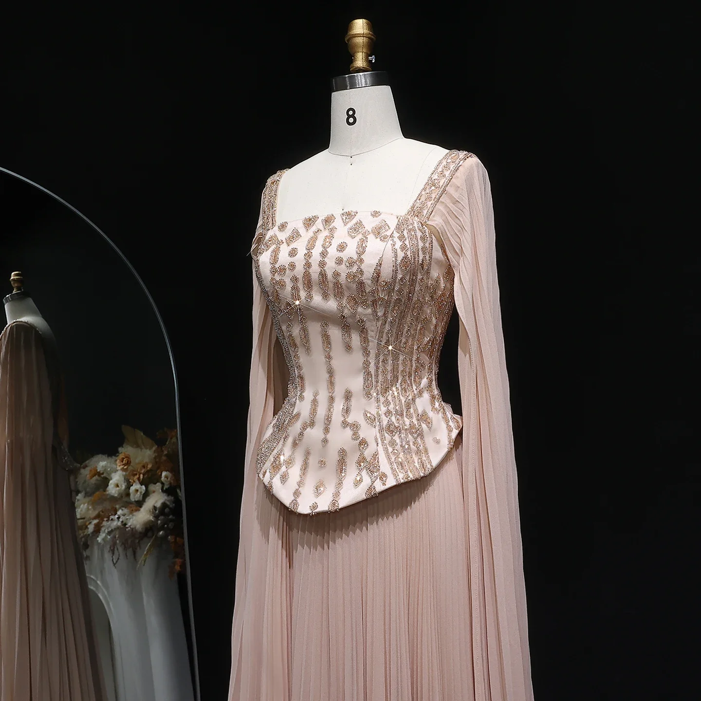 Вечерние платья POD Champagne Luxury Pleats винно-красного цвета для свадебных торжеств с рукавами-накидками, официальные наряды, праздничные платья, индивидуальный пошив (art.: 3920db66001db) - 3920db66001db