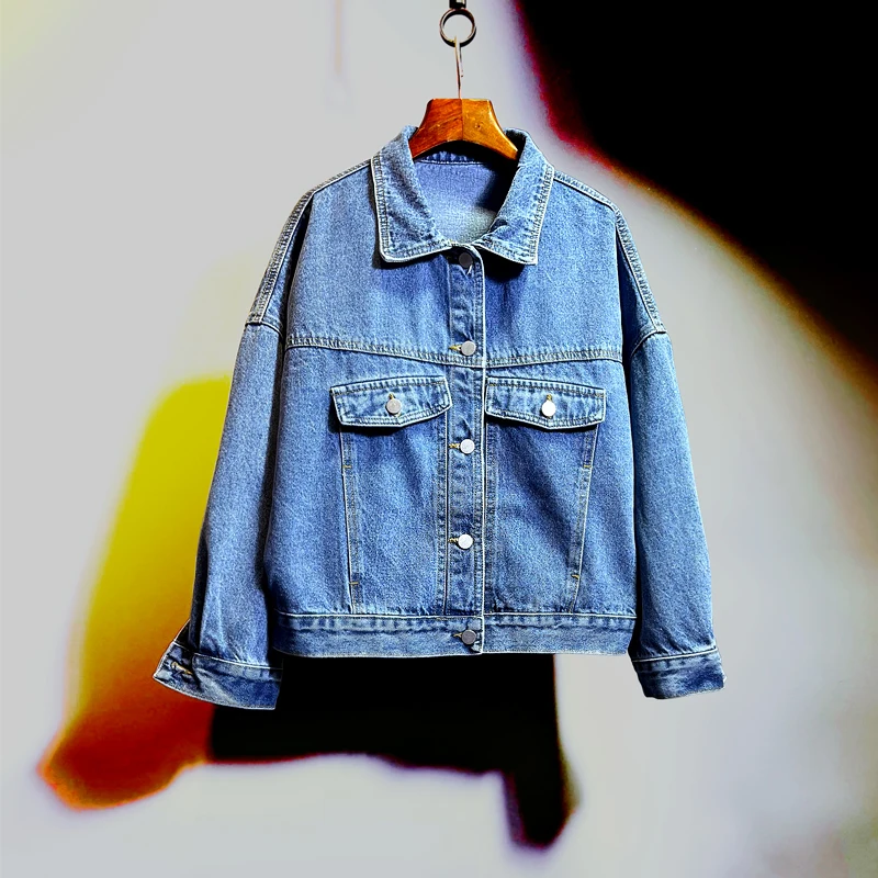

Vintage Harajuku Denim Jacket Women Short Coat Spring Loose Pocket Single-breasted Long Sleeve Korean Blue Jeans Jacket Female