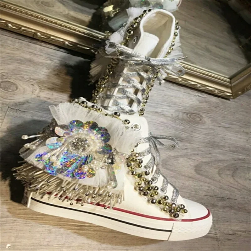 

Handmade tassel beaded sequined canvas shoes niche fashion casual street clapper shoes 35-41