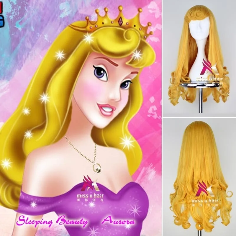 

Sleeping picture anime beauty for daybreak princess 75cm long yellow curly blonde hair celebrity cosplay wig + wig cap