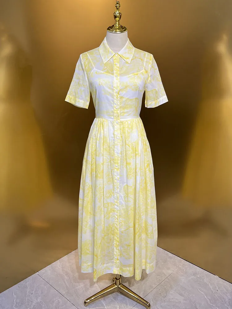 Женское Платье с принтом High Street 100% хлопок воротник отложным воротником короткий