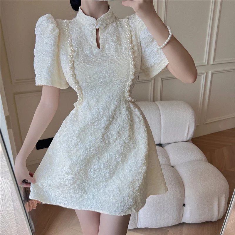 

Vintage White Party Dress Women Retro Mandarin Collar Elegant High Waist Gothic Dress Summer Puff Sleeves Short Club Vestidos