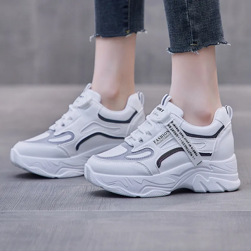 New Woman Platform Sneakers Women White Sport Shoes Autumn Fashion Female Wedge Sneakers Mujer Leather High Heel Shoes Zapatos