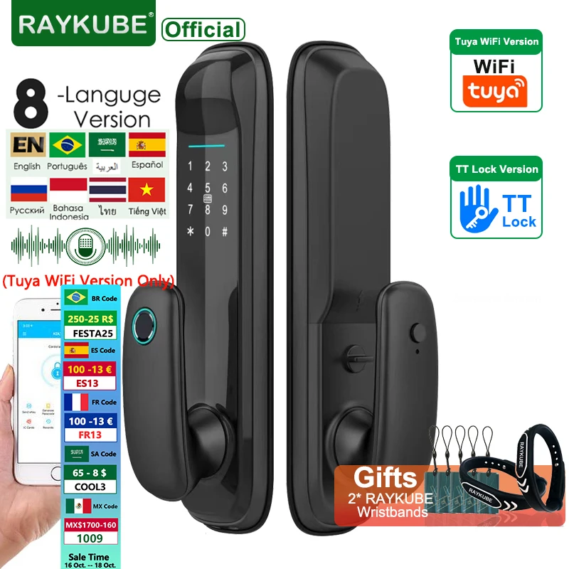 

2023 NEW RAYKUBE FM09 Tuya Wifi Smart Door Lock TT Lock Fingerprint Lock Auto Electronic Bio-metric Lock for Smart Home
