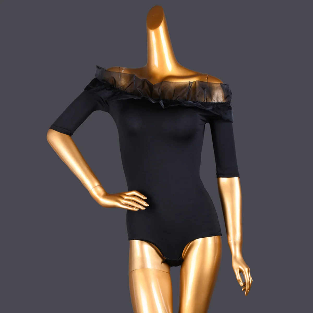 

Adult Women Latin Dance Costume One-word Collar Black Half Sleeve-sleeved Top Modern Dance Practice Flower Lace Collar Clothes