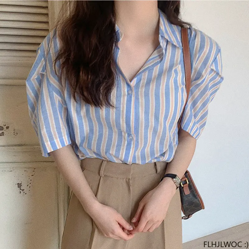 

Новинка 2023, блузки в синюю полоску во французском стиле, милые офисные женские однобортные рубашки на пуговицах для девушек, шикарная Корейская одежда