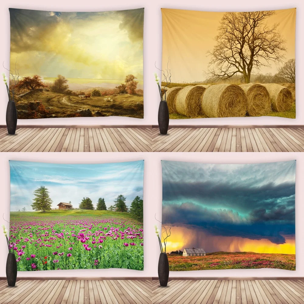 

Country Sunset Scenery Tapestry Tree Farm Flower Field Tapestries Wall Hanging for Bedroom Living Room Dorm Fabric Blanket Home