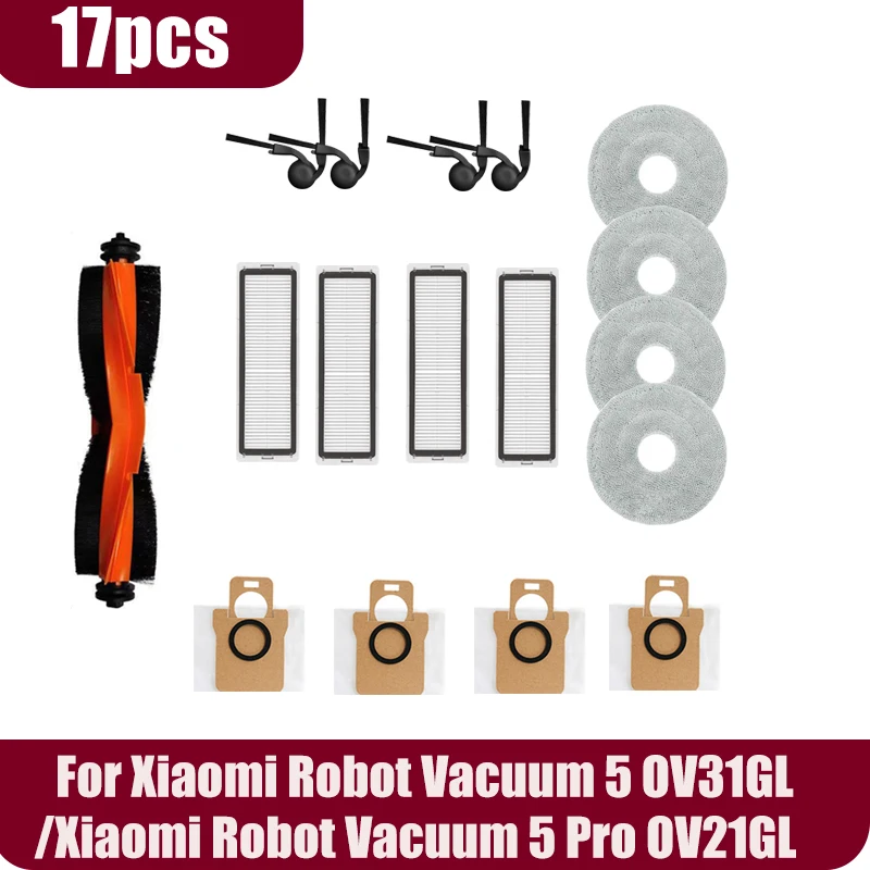 

Запчасти для робота-пылесоса Xiaomi Robot Vacuum 5 OV31GL / Xiaomi Robot Vacuum 5 Pro OV21GL: основная и боковые щетки, фильтр, тряпка, мешок для сбора пыли