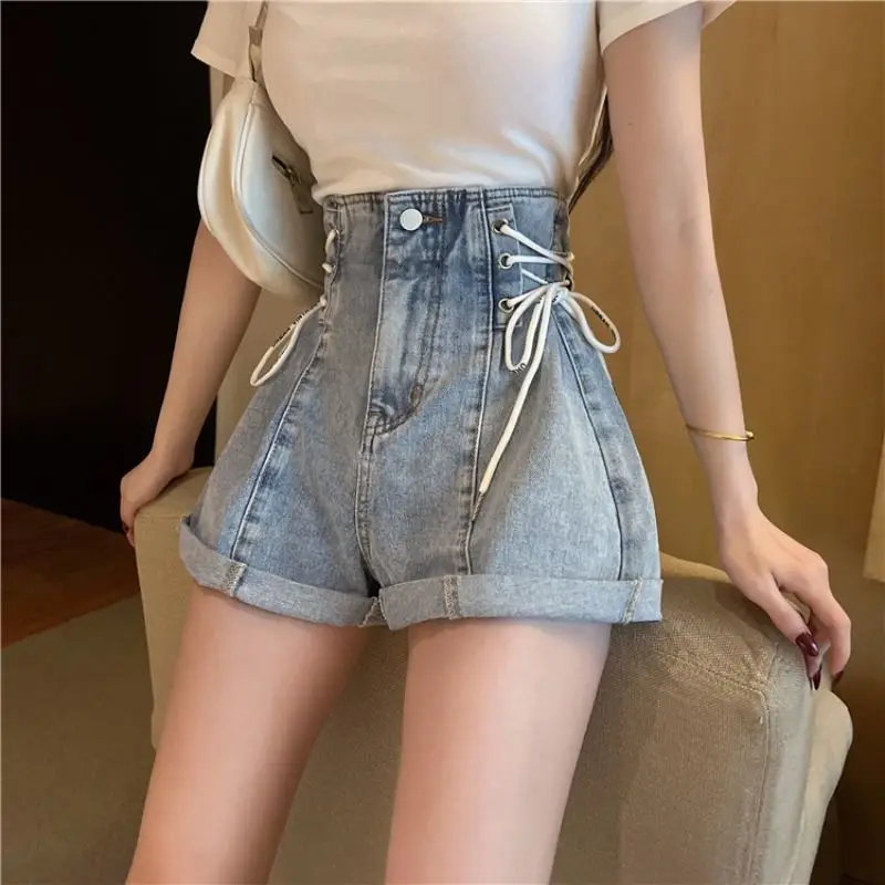 2023 Summer Chic Blue Denim Shorts for Women Korean Fashion High Waisted Shorts Female Edge Curl Casual Loose Short Jeans Woman