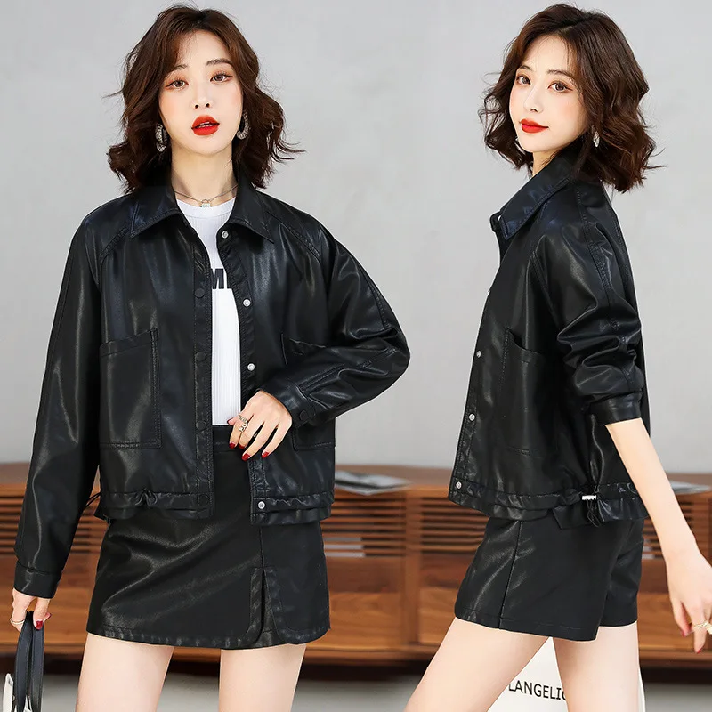 KoHuiJoo Green Short Leather Coat Women Korean 2022 Spring Autumn Fashion Popular PU Leather Jacket Loose Drawstring Pocket
