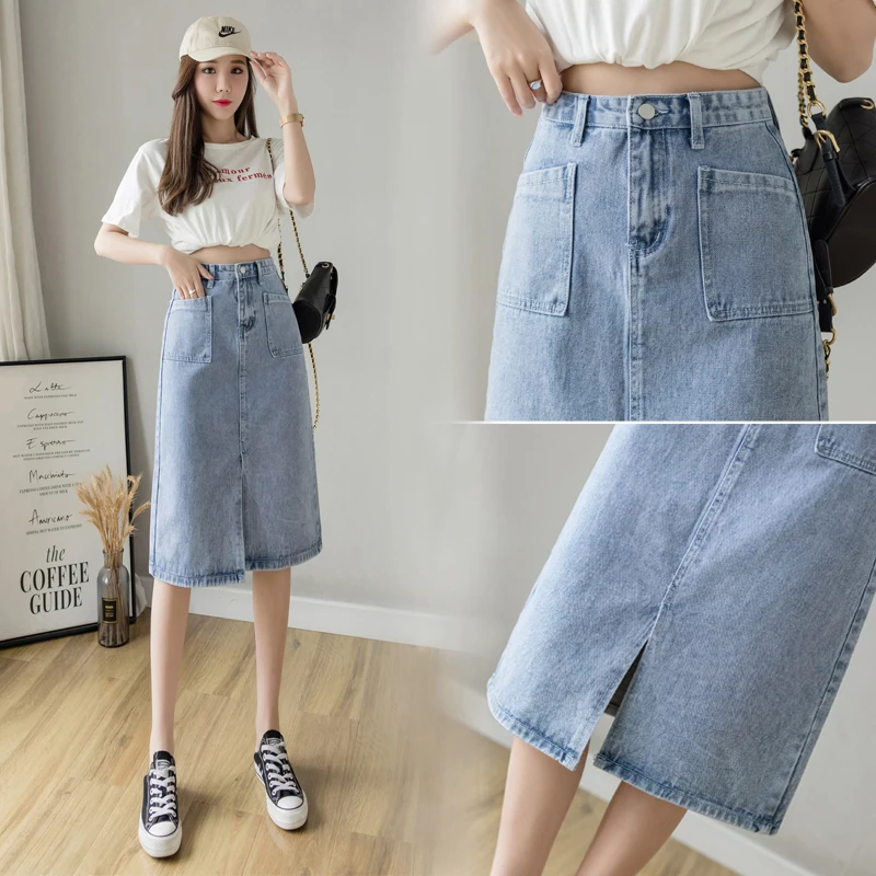 

COIGARSAM Women Skirt Spring High Waist Blue Skirts Dropshipping