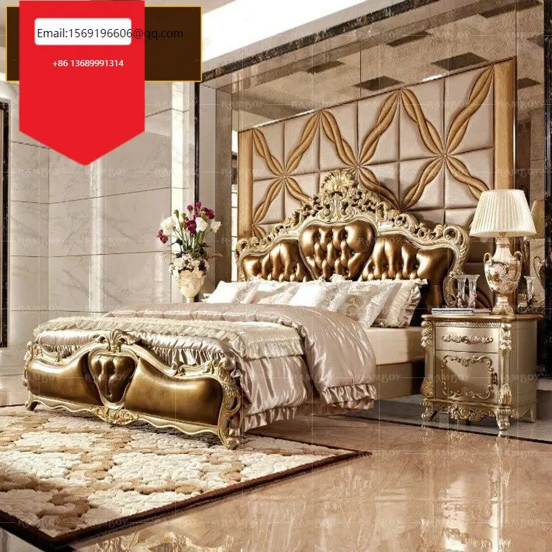 

Мебель для спальни в европейском стиле из твердой древесины с резьбой, двухспальная кожаная кровать, кровать хозяина спальни, кровать принцессы