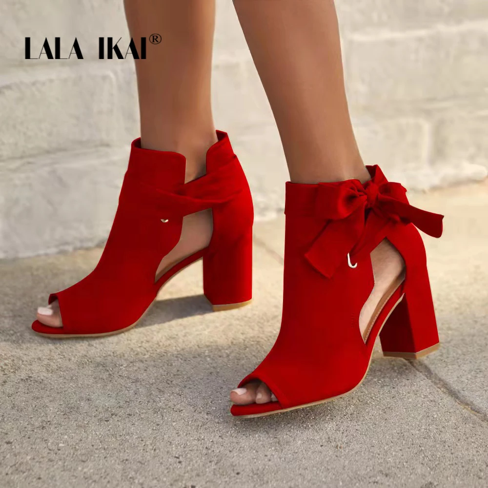 

Summer Women's Pumps Trade New European And American Style Fish Mouth Side Bow Strap Chunky Heel Sandals Ladies Large Size 42