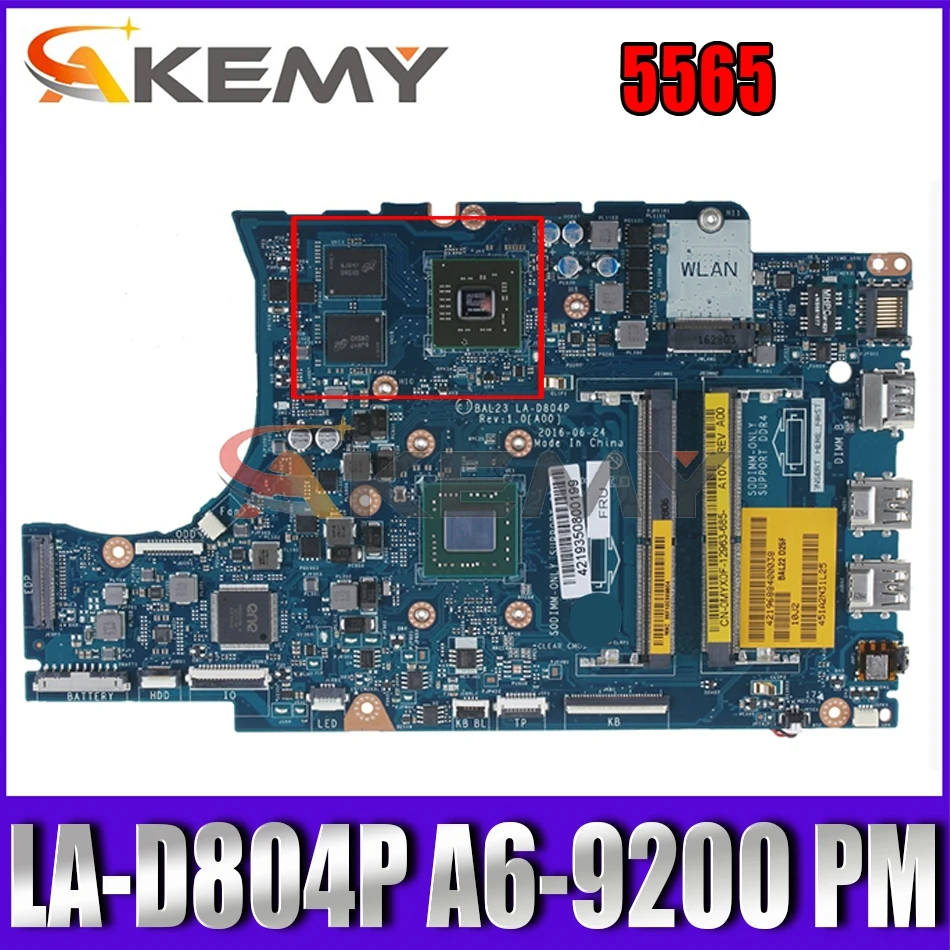 

Akemy BAL23 LA-D804P FOR DELL INSPIRON 5565 Laptop Motherboard A6-9200 CN-0K6473 K6473 Mainboard 100% TESTED