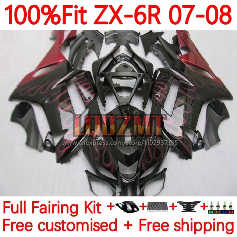 

Инжекционный корпус для KAWASAKI NINJA ZX-6R ZX636 ZX 636 6R 6 R ZX-636 ZX6R 2007 2008 600CC ZX600 07 08 обтекатель 57No.8 с красным пламенем