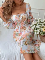 elegant puff sleeve dress women sexy floral backless white midi dresses fashion square collar lace up a line dress 2022