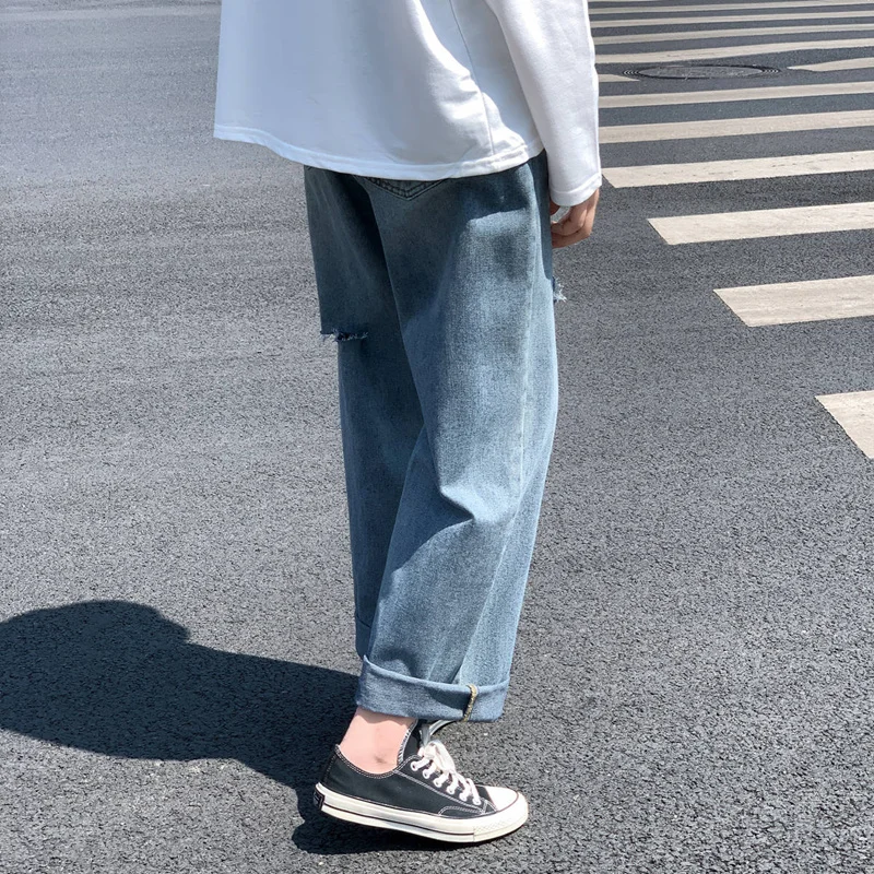 Ripped Jeans Men's Spring Ins Tide Brand Loose High Street Beggar Wide-leg Trousers Spring and Autumn All-match Straight Pants