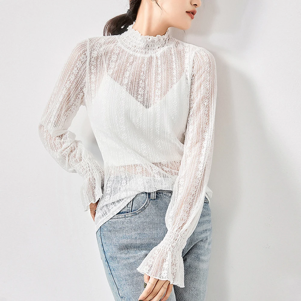 

New Trumpet Sleeve Mesh Gauze Hollow Shirt Autumn Winter Flower Lace Bottoming T-Shirt All-match S-2XL Elegant Breathable Top