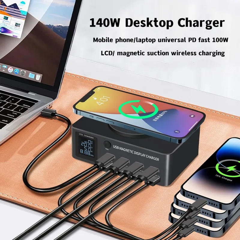 140W 8-Port USB Charger Staion 15W Wireless Charging LCD Display PD QC3.0 Fast Charger Phone for iPhone iPad Samsung Tablet
