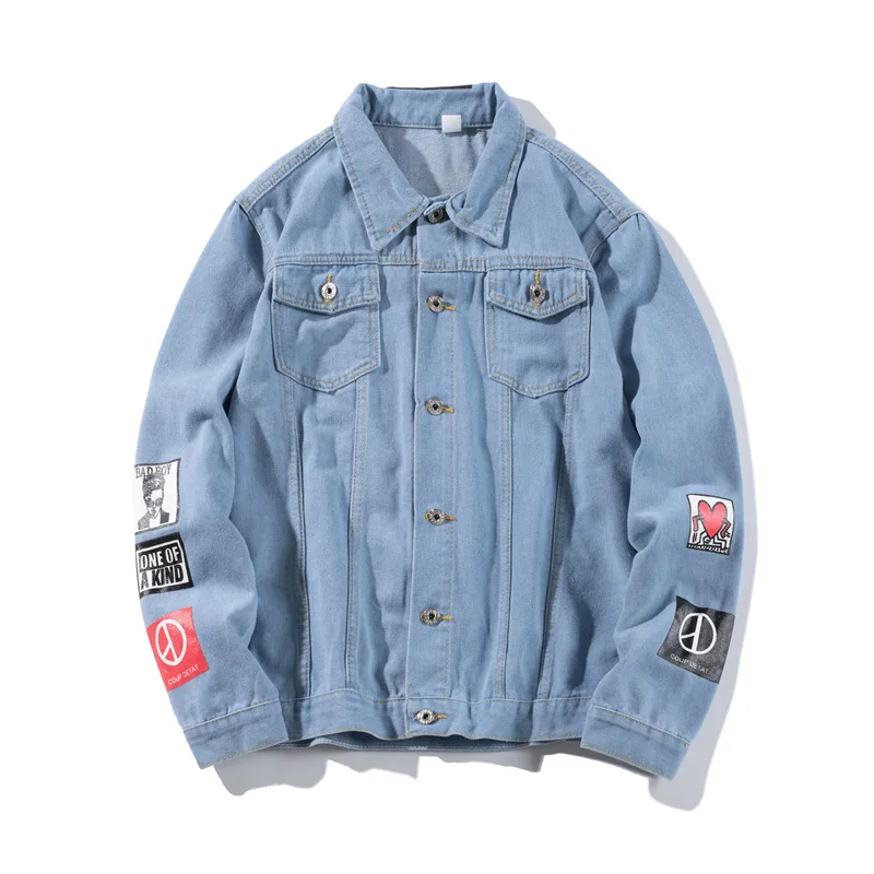 

Spring Autumn Men Denim Jacket Print Pocket Lapel Korean Style Streetwear Handsome Fashion Casual Coat Male Sportswear Plus Size