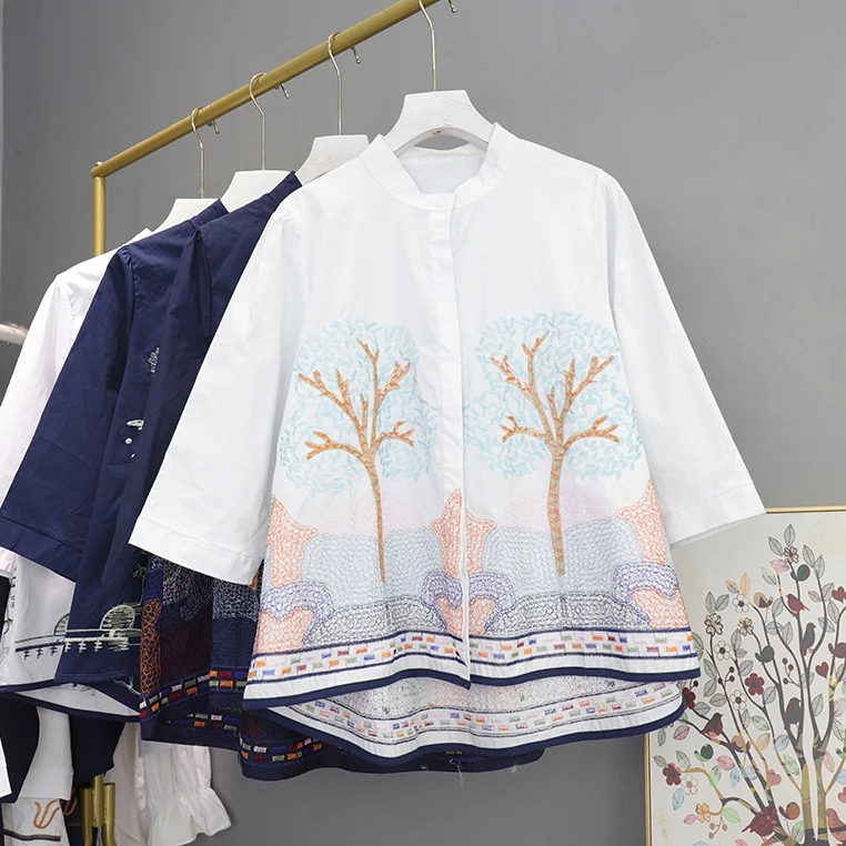 

VANOVICH Indie Folk Embroidered Shirt Summer New Loose Stand Collar Three-quarter Sleeve Irregular Single-breasted Casual Shirt