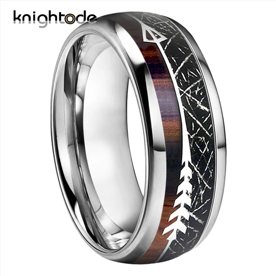 

Black Meteorite/Koa Wood Unique Texture Inlay Tungsten Carbide Rings For 8mm Men Women Wedding Slivery Arrow Dome Polished