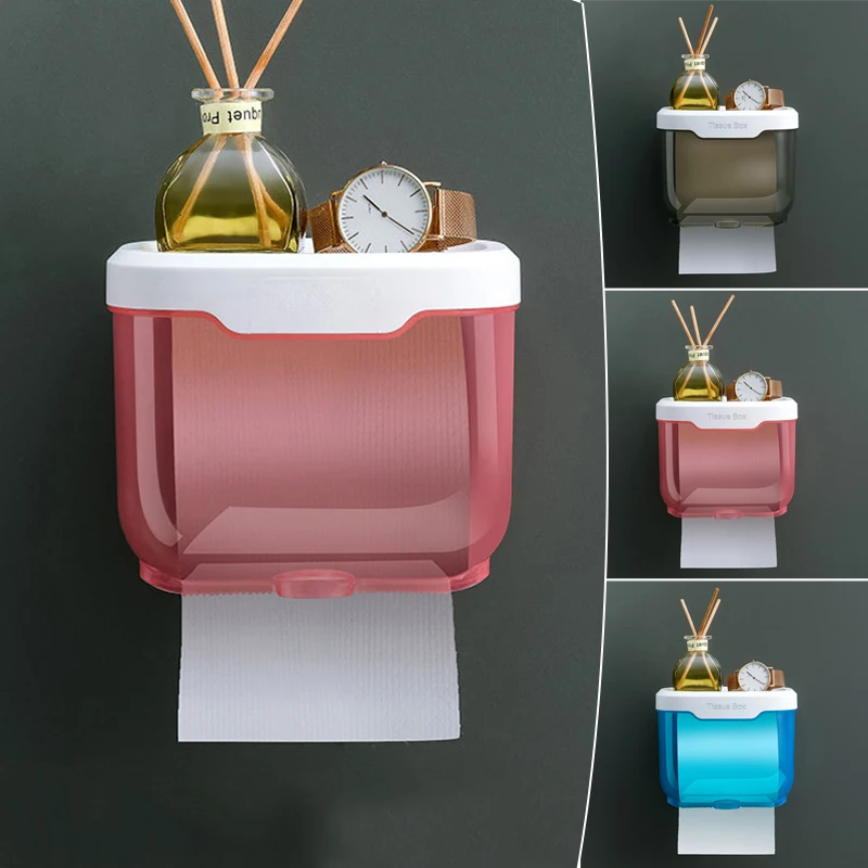 

Waterproof Toilet Paper Holder Wall Mounted Punch Free Paper Dispenser Transparent Storage Box Bathroom Kitchen Supply GRSA889