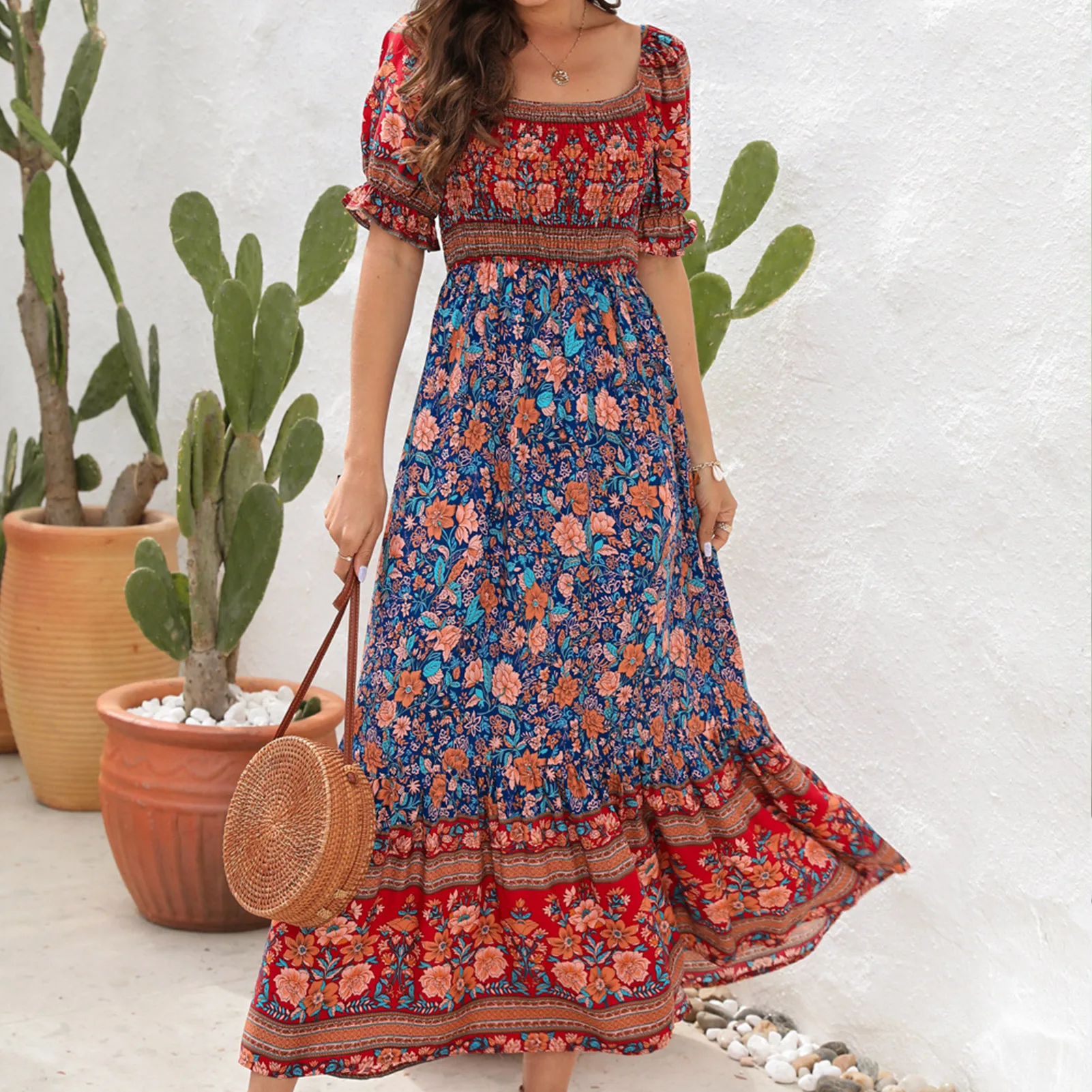 

Floral Print Women Dress Elegant Summer Bohemian Dress Puff Sleeve Simple Fashion Temperament Square Collar for Weekend Vacation