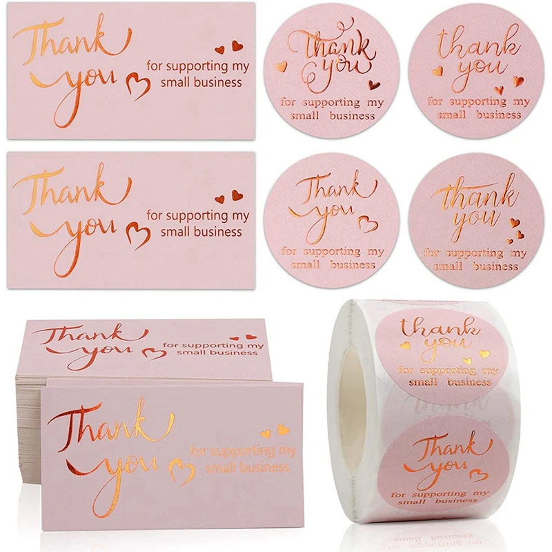 

500/Roll 1.5 Inch Thank You Label Sticker Hot Stamping Thank You Card Sticker With 100 Pink Cards Gift Packaging Label