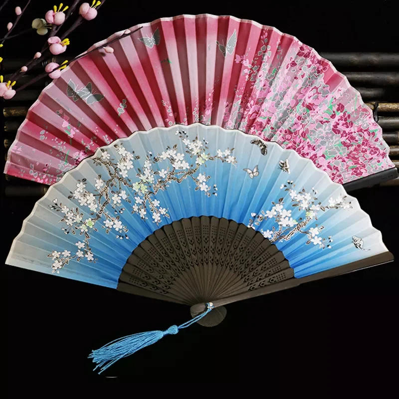 

1Pc Vintage Silk Folding Fan Retro Chinese Japanese Bamboo Folding Fan Tassel Dance Hand Fan Home Decoration Ornament Craft Gift