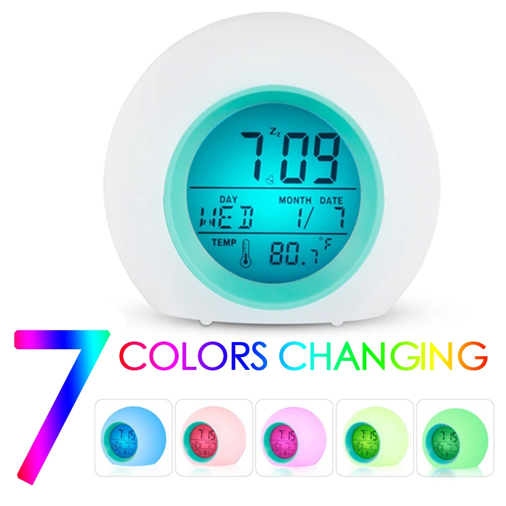 

Creative 7 Colors Changing Round Alarm Clocks Glow In The Dark Table Clock Snooze Function Digital Clocks For Bedroom Home Decor