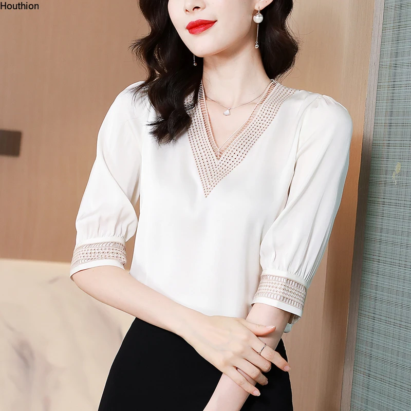 

Satin Women's Blouse Sleeve Top Casual Satin Summer New White Shirt V-neck Solid Splicing Hollow Out Fashion Female Clothing