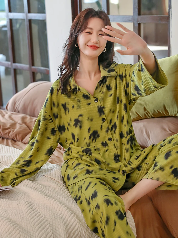 Pajamas Women's Autumn and Winter Knitted Green High-Grade Casual Suit Loose Long Sleeve Home Wear Can Be Worn outside