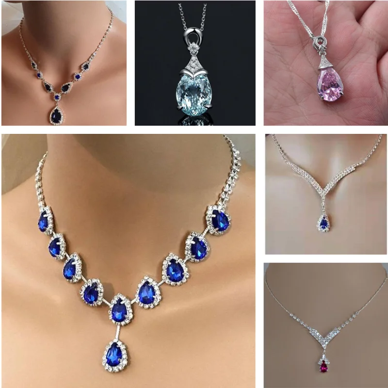 

Classic Ladies Water Drop Crystal Pendant Necklace Full Diamond Ice Crystal Zircon Women's Party Wedding Jewelry Silver Diamond
