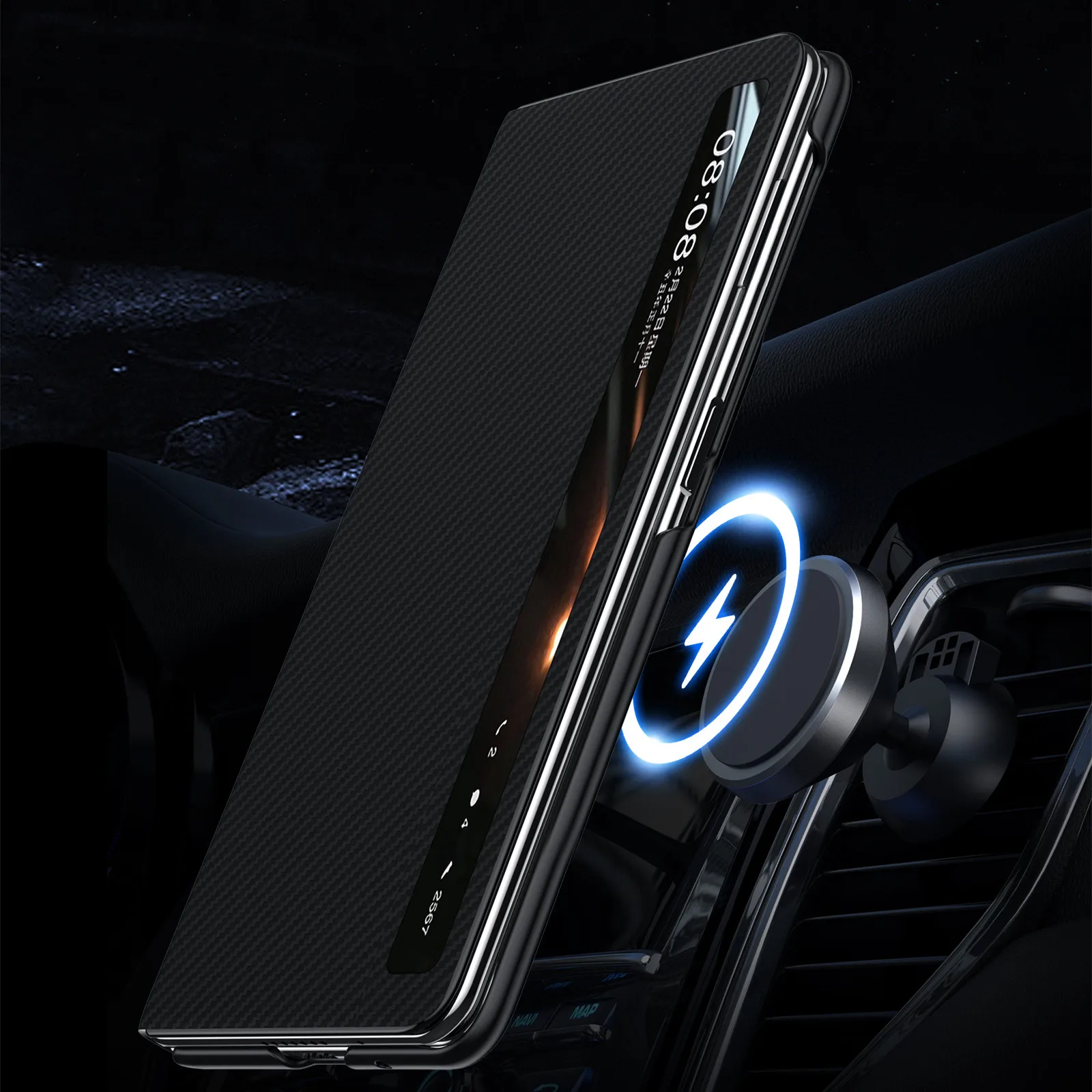 Sulada Роскошный кожаный чехол Magsafe с узором из углеродного волокна для Honor Magic V3 VS3 MagicV3, слот для карт, магнитная броня, откидная крышка (art.: 3920cb6ae4ff9) - 3920cb6ae4ff9