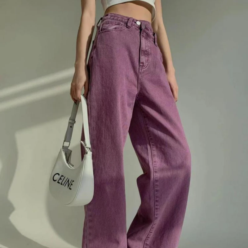 Wide Leg Pant Streetwear Purple High Waist Jeans Woman 2022 Korean Fashion Irregular Waist Design Mom Jeans Boyfriend Vintage