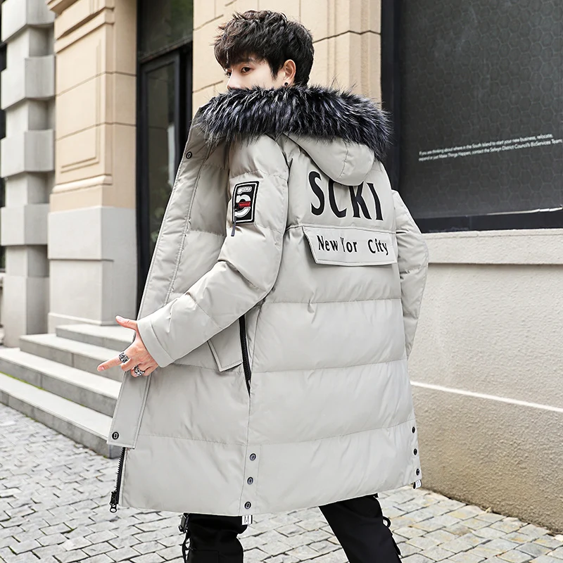 Winter Men's Jacket Cotton Padded Jacket Medium and Long Section Thickened Korean Cotton Padded Jacket Down Hooded Cotton Padded