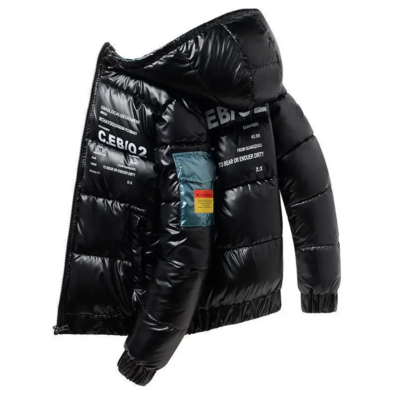 2022 New winter shiny leather thick warm winter jacket casual parka waterproof stand collar hooded street style jacket jacket