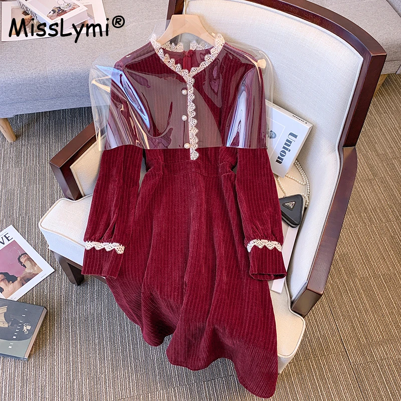 

Big Size Women's Clothing New 2022 Autumn Winter Sweet Lace Patchwork V-Neck Long Sleeve French Retro Corduroy Midi Dresses Red