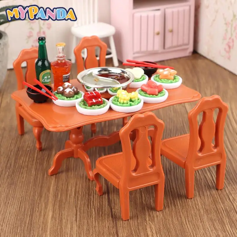

1Set 1:12 Dollhouse Pretend Play Toys Miniature Mandarin Duck Hot Pot Table Chairs Food Drink Bottle Chopstick Scene Decor Kids