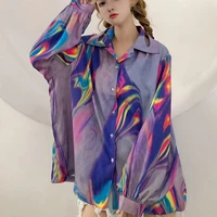 2022 new fashion women harajuku laser printing loose long sleeve casual top lapel stand collar bat sleeve womens clothing