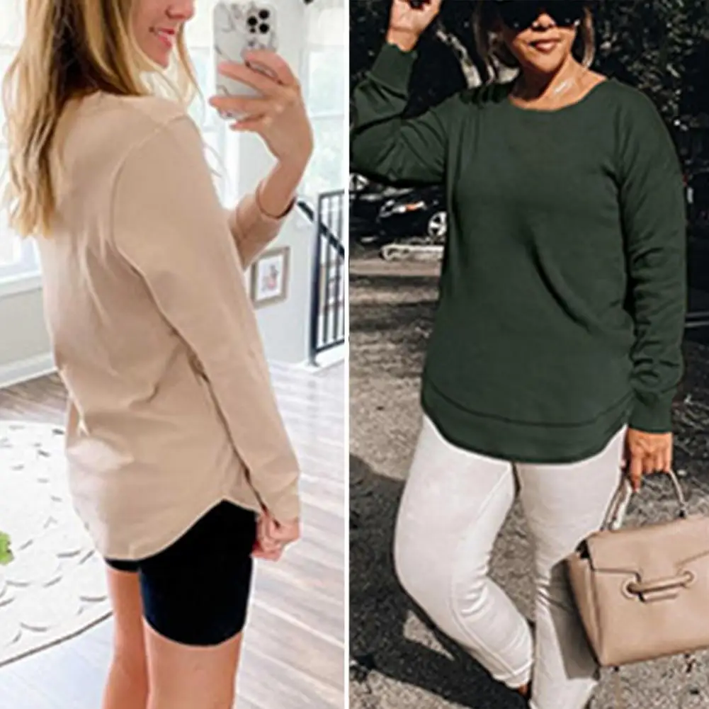 

Trendy Women Sweatshirt Mid-Length Anti-Shrink T-shirt Top Simple Casual Pure Color Women Sweatshirt Jumper