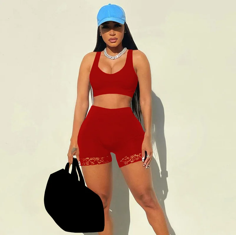 

WUHE Sexy Two Piece Sets Women Summer Tracksuit Sleeveless Top Lace Patchwork Shorts Suit Party Club Matching Set Streerwear