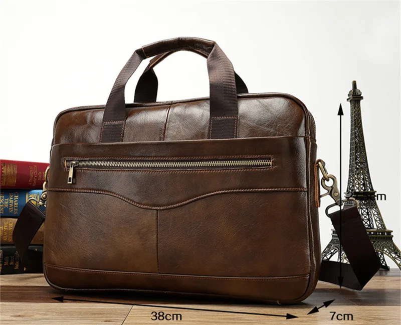 Simple casual luxury designer top layer cowhide men's coffee 14-inch briefcase Office laptop computer genuine leather handbag