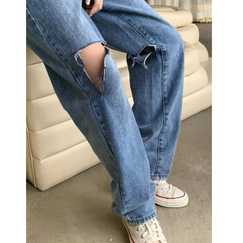 2021 New Summer Women High Waist Straight Jeans Street Style Casual Ripped Hole Jeans Female Blue Washed Loose Pop Denim Pants