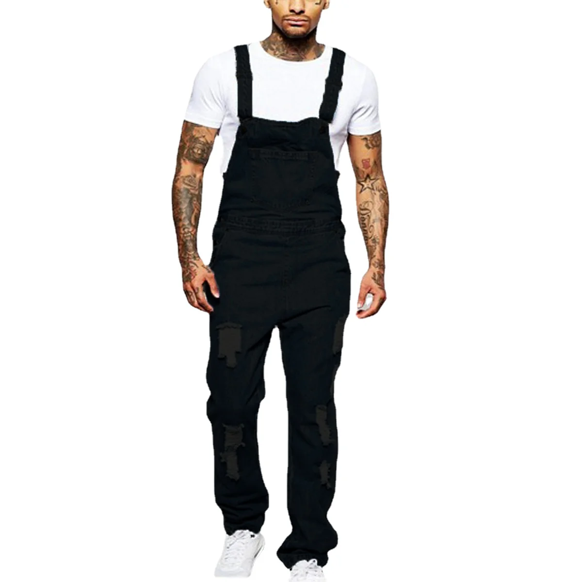 Fashionable Men Suspender Denim Jumpsuit Ripped Jeans Streetwear Male Pants Spring and Autumn Full Length Bibs