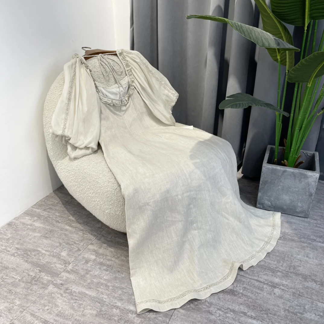 

Grey Filled Ruffle Square Collar Midi Dresses 2022 New Summer Elegant Short Lantern Sleeve Single Breasted Buttons Woman Clothes